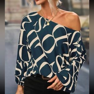 Classic Alphabet Letters Abstract Print Batwing Sleeve Top Blouse Shirt
